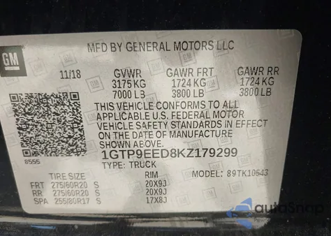 2019 GMC Sierra 1500 At4 из США, поврежденный, VIN 1GTP9EED8KZ179299